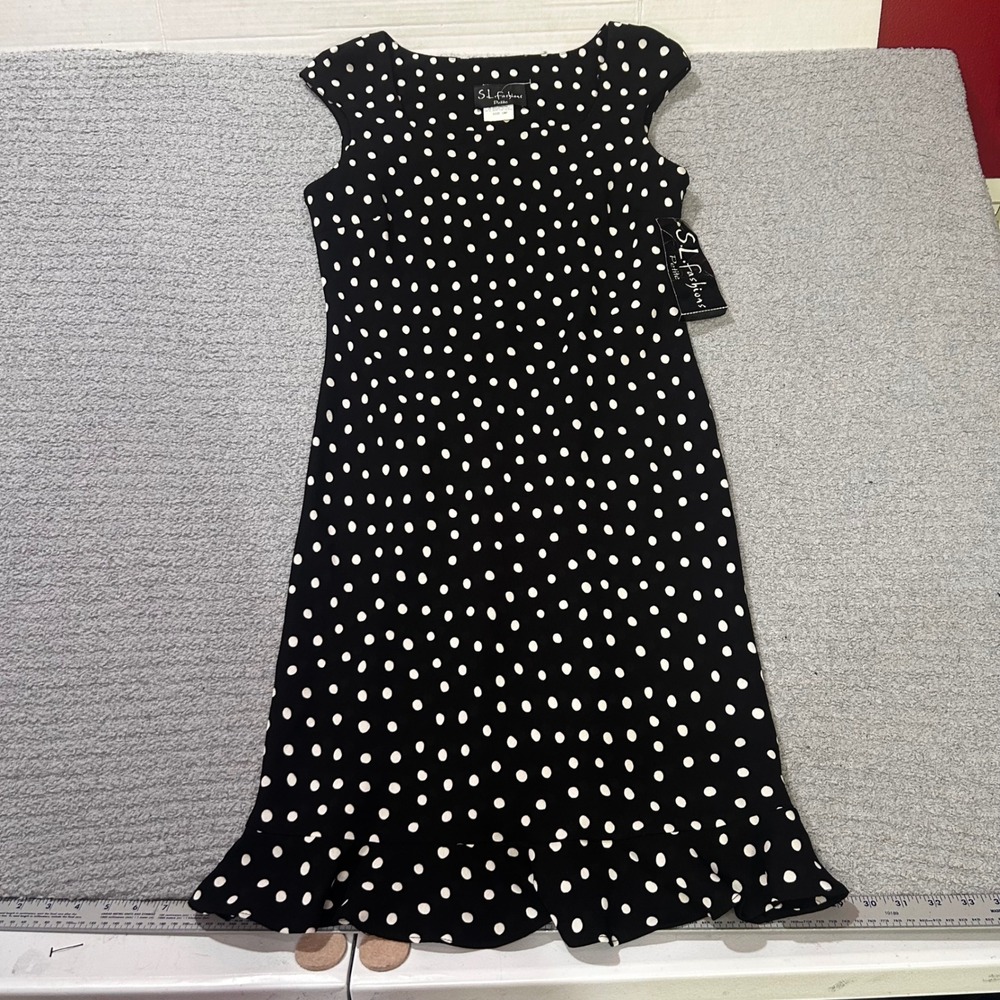 S.L. Fashions Polka Dot Tank Dress 10P Black Retro 90s Vintage Ruffle Hem USA